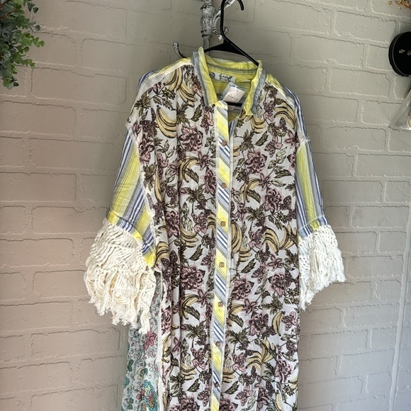 FREE PEOPLE shirt Duster large Watching Waves Maxi Aquamarine Combo NEW - Picture 5 of 15